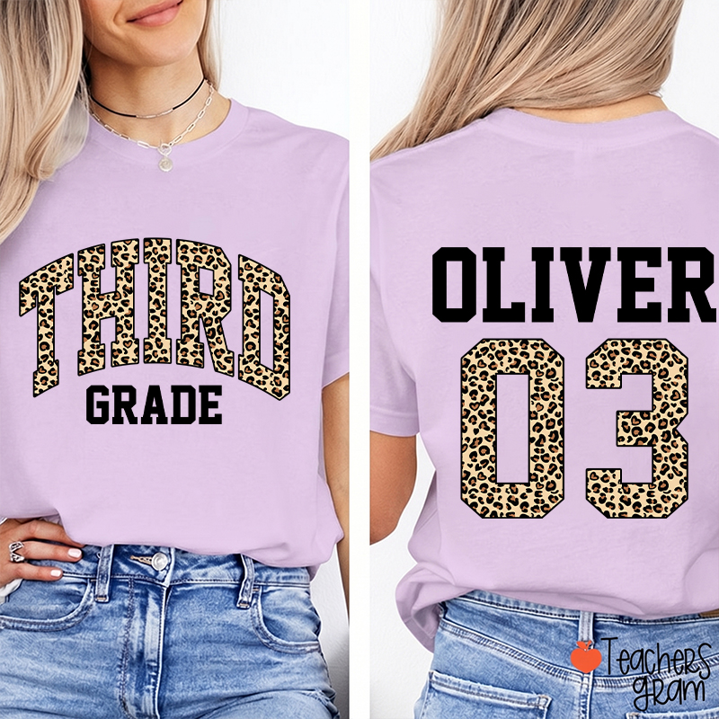Personalized Grade Name Leopard Print Number Teacher Two Sided T-Shirt