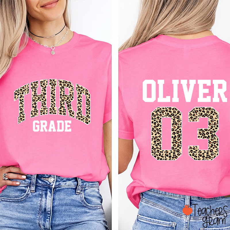 Personalized Grade Name Leopard Print Number Teacher Two Sided T-Shirt
