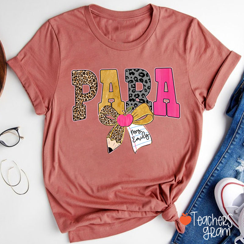 Personalized Wild Leopard Bow Tie Teacher T-Shirt