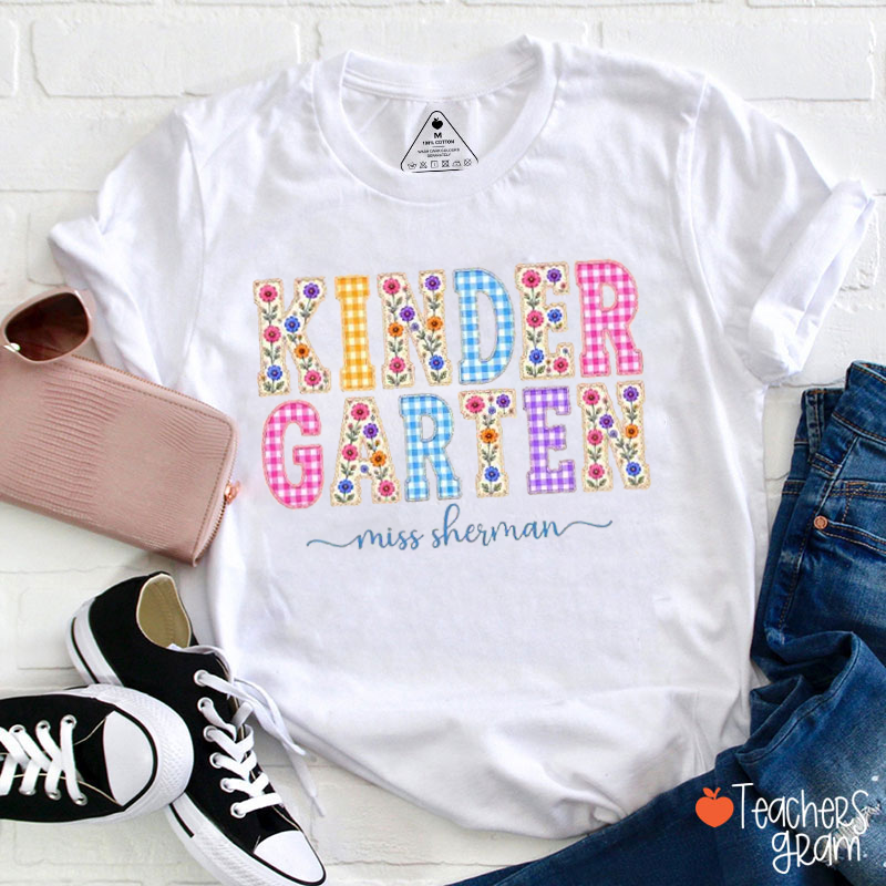 Personalized  Name Floral Gingham Teacher T-Shirt