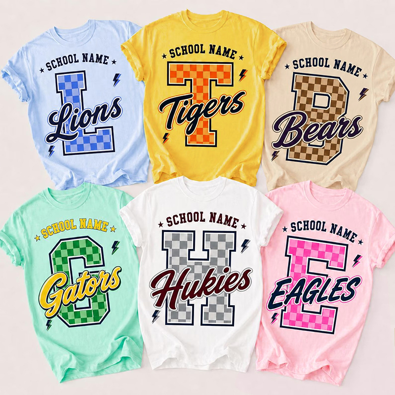 Personalized Mascot Checkered Varsity Letter Teacher T-Shirt