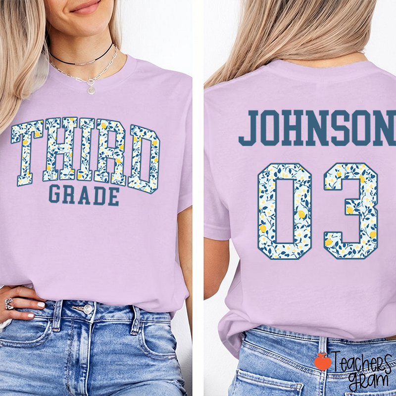 Personalized Grade And Name Floral Letter Teacher Two Sided T-Shirt