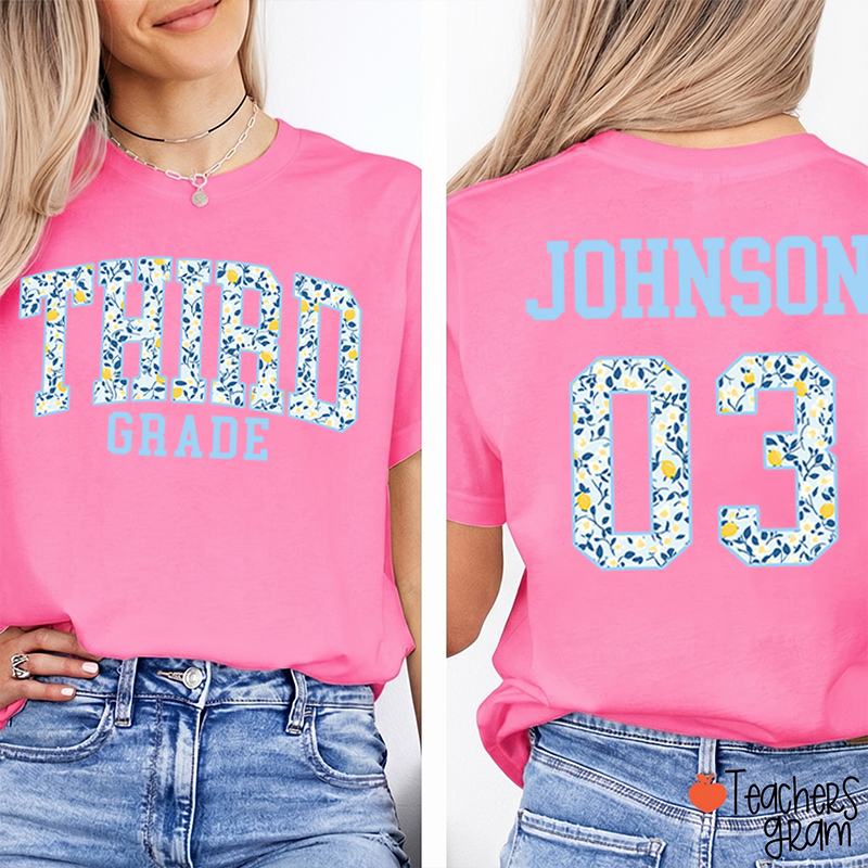 Personalized Grade And Name Floral Letter Teacher Two Sided T-Shirt