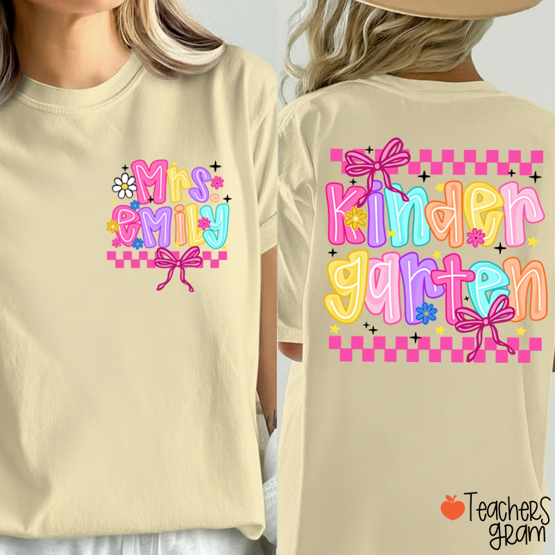 Personalized Grade And Name Checkered Bow Teacher Two Sided T-Shirt