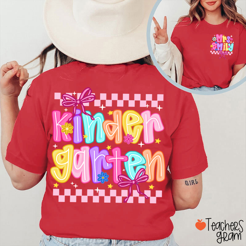 Personalized Grade And Name Checkered Bow Teacher Two Sided T-Shirt