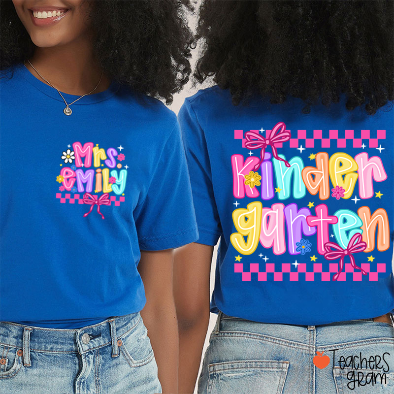 Personalized Grade And Name Checkered Bow Teacher Two Sided T-Shirt