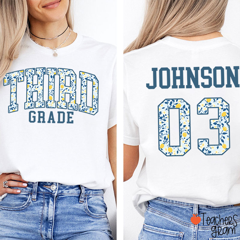 Personalized Grade And Name Floral Letter Teacher Two Sided T-Shirt