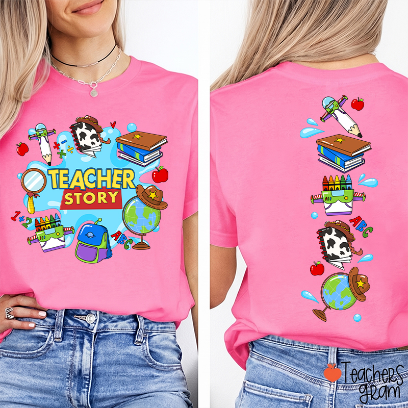 Teacher Story Cute School Stuff Icons Teacher Two Sided T-Shirt