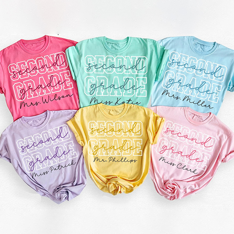 Personalized Name And Grade Double Font Varsity Teacher T-Shirt