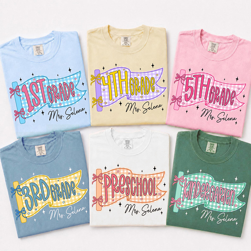 Personalized Name And Grade Gingham Pennant Bow Star Teacher T-Shirt