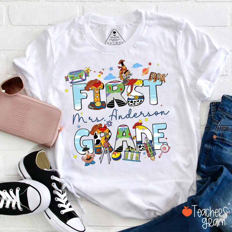 Personalized Grade And Name Space Cartoon School Teacher T-Shirt
