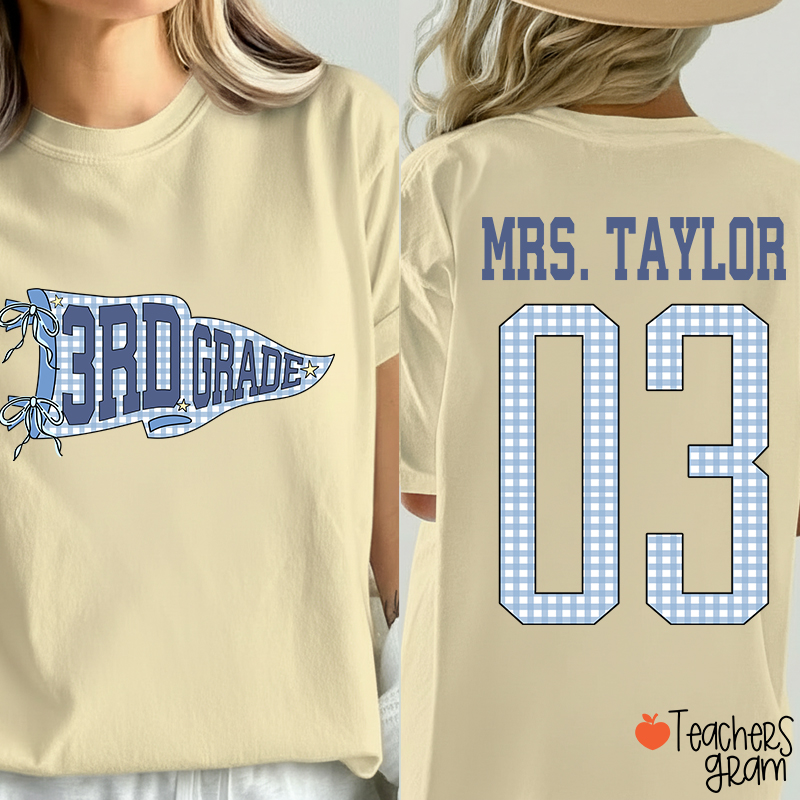 Personalized Grade Pennant Blue Gingham Teacher Two Sided T-Shirt