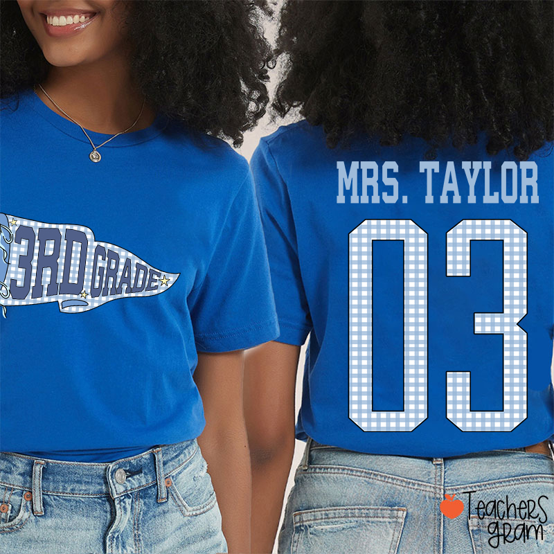 Personalized Grade Pennant Blue Gingham Teacher Two Sided T-Shirt