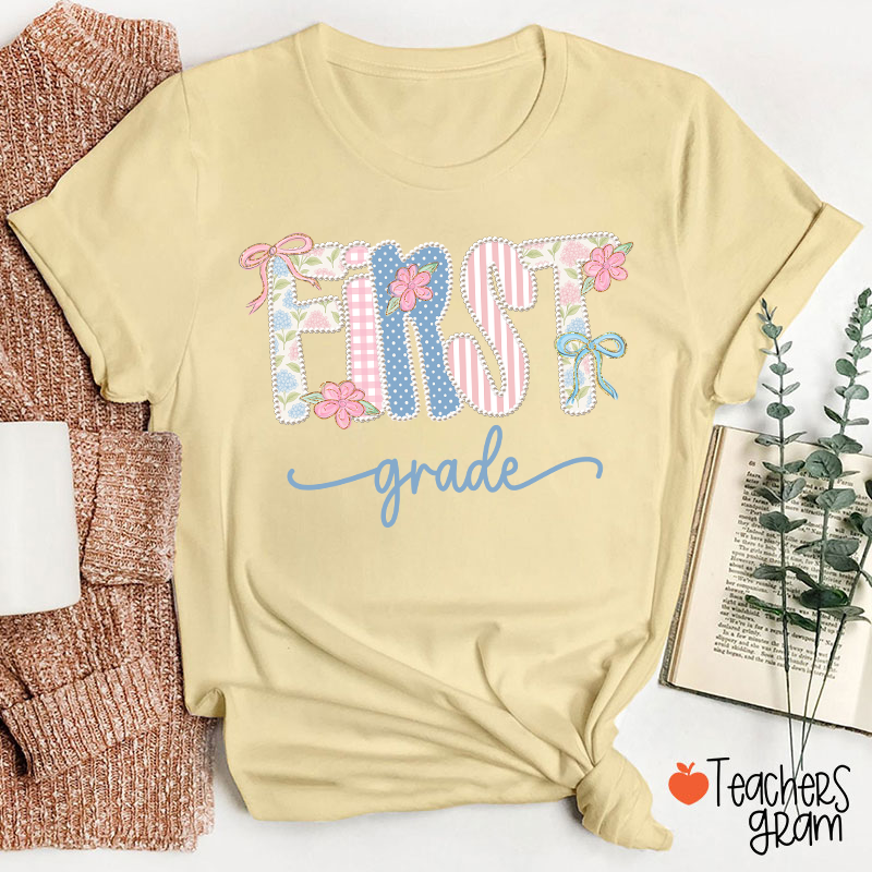 Personalized Grade Gingham Floral Bow Varsity Letter Teacher T-Shirt