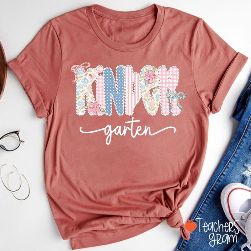 Personalized Grade Gingham Floral Bow Varsity Letter Teacher T-Shirt
