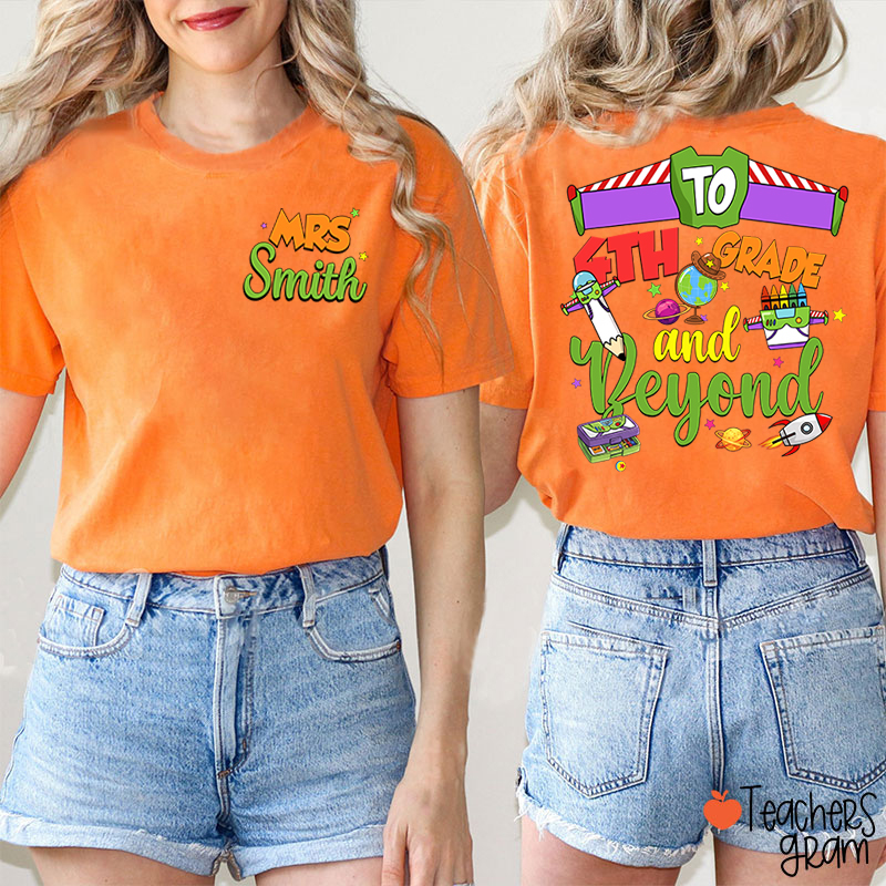 Personalized Grade Cartoon School Supply Rocket Teacher Two Sided T-Shirt
