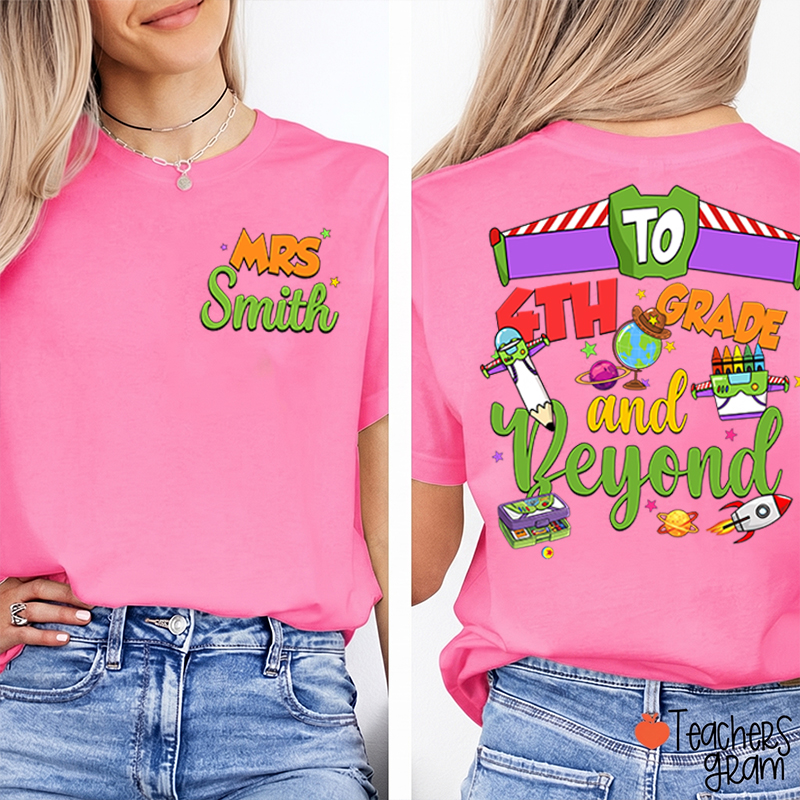 Personalized Grade Cartoon School Supply Rocket Teacher Two Sided T-Shirt