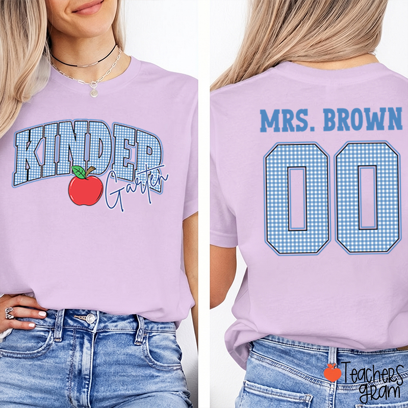 Personalized Grade And Name Checkered Letter Apple Teacher Two Sided T-Shirt