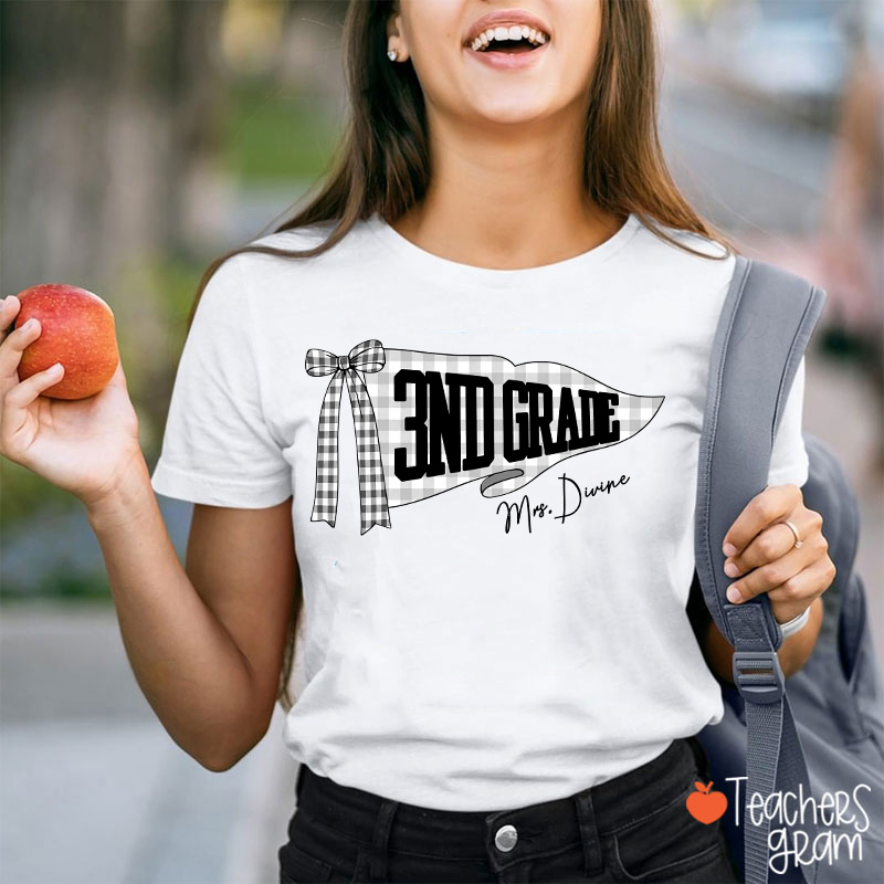Personalized Grade And Name Gingham Bow Pennant Teacher T-Shirt