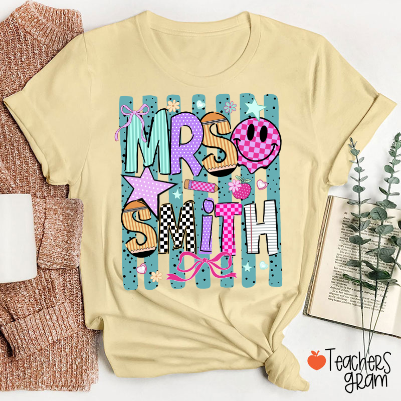 Personalized Grade Coquette Preppy Stripes Teacher T-Shirt