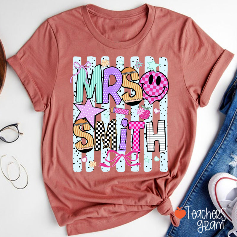 Personalized Grade Coquette Preppy Stripes Teacher T-Shirt