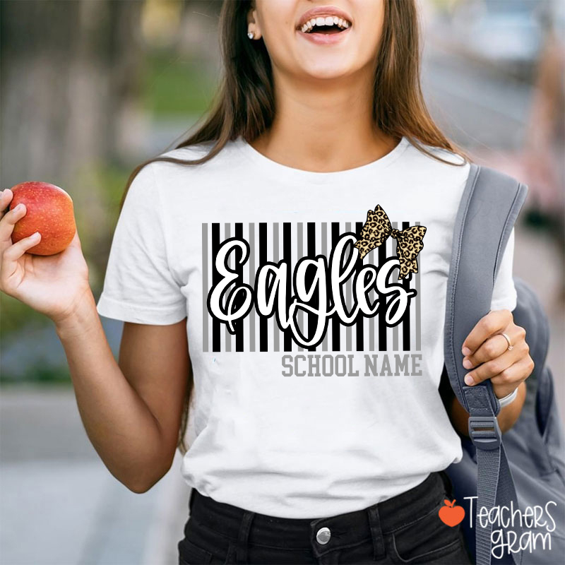 Personalized School Mascot Stripe Leopard Bow Teacher T-Shirt