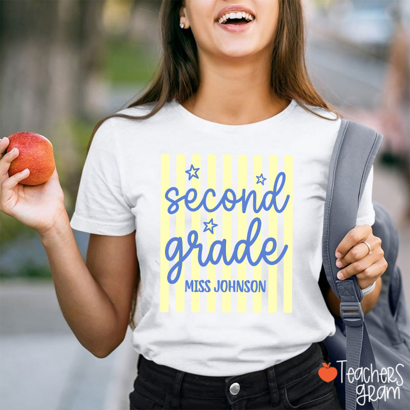 Personalized Grade Blue Gingham Stripes Teacher T-Shirt