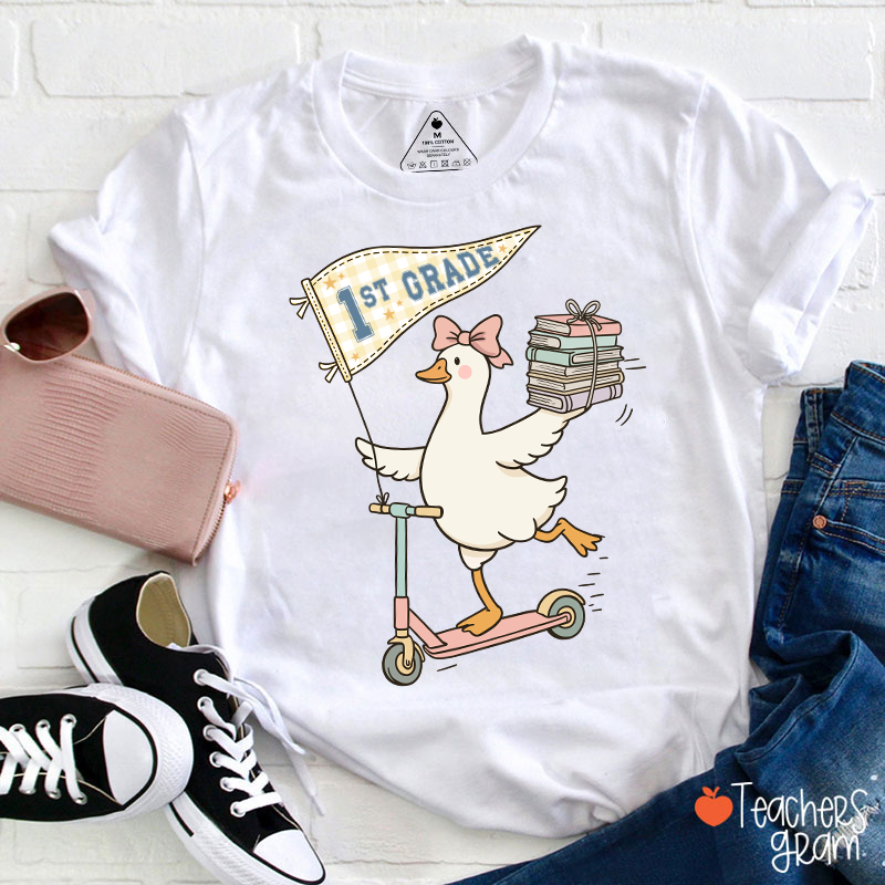 Personalized Grade Scooter Silly Goose Pennant Book Stack Teacher T-Shirt-Teachersgram