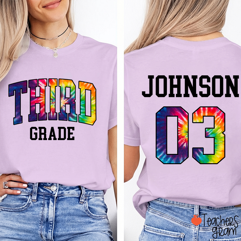 Personalized Grade And Name Tie-dye Letter Teacher Two Sided T-Shirt