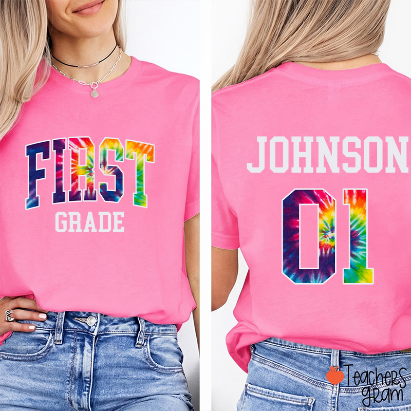 Personalized Grade And Name Tie-dye Letter Teacher Two Sided T-Shirt
