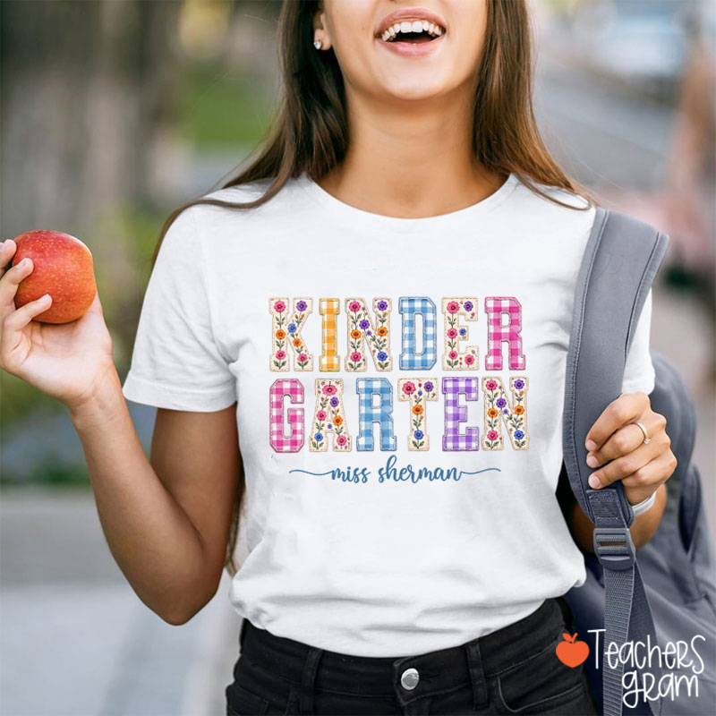 Personalized Name Floral Gingham Teacher T-Shirt
