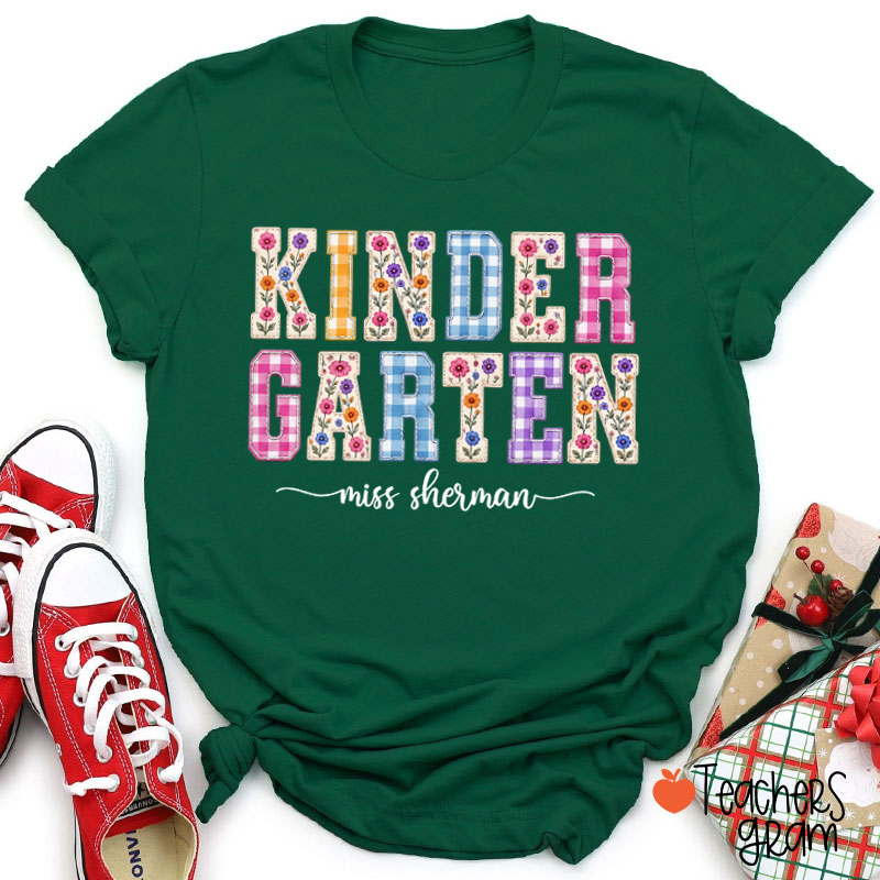 Personalized Name Floral Gingham Teacher T-Shirt