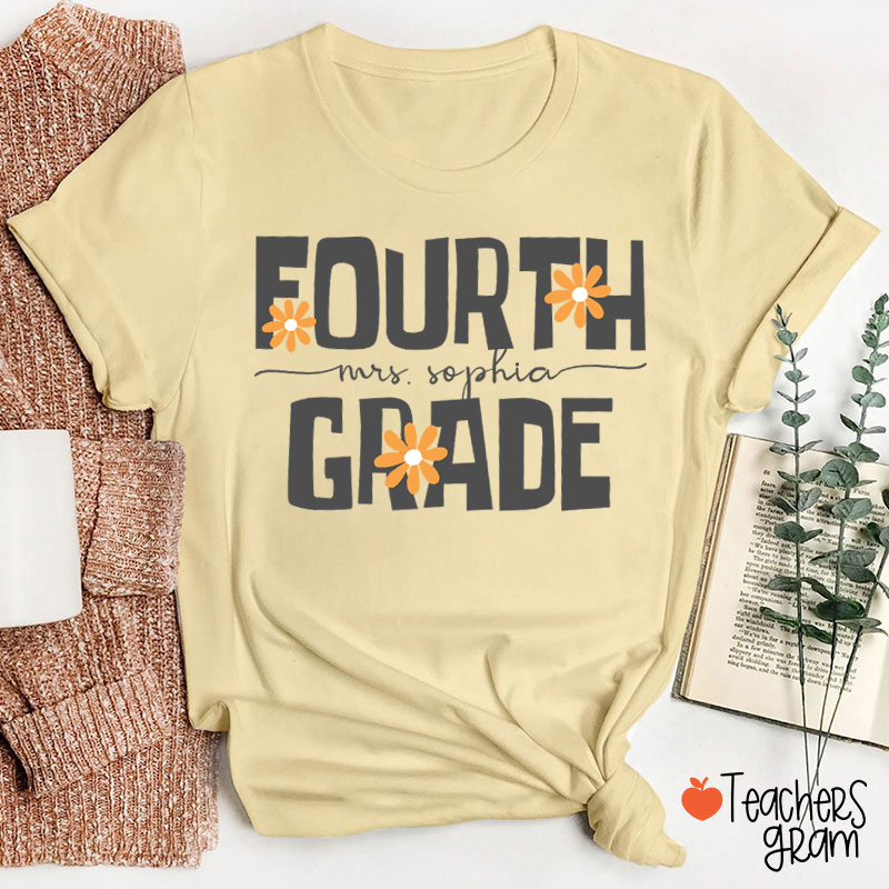 Personalized Name And Grade Daisy Floral Teacher T-Shirt
