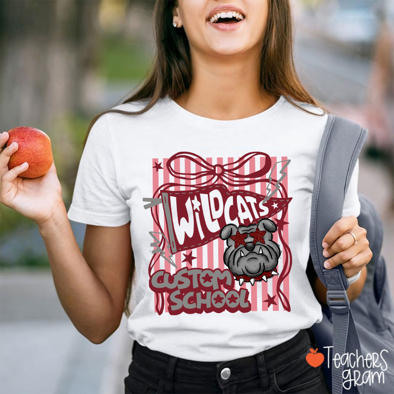 Personalized Mascot Coquette Bow Striped Teacher T-Shirt