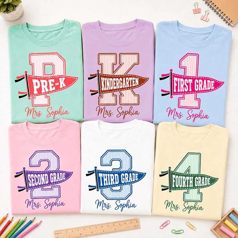 Personalized Grade And Name Striped Letter Pennant Teacher T-Shirt