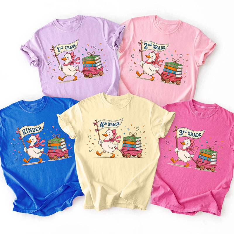 Personalized Grade Cute Duck Pulling Book Cart Teacher T-Shirt