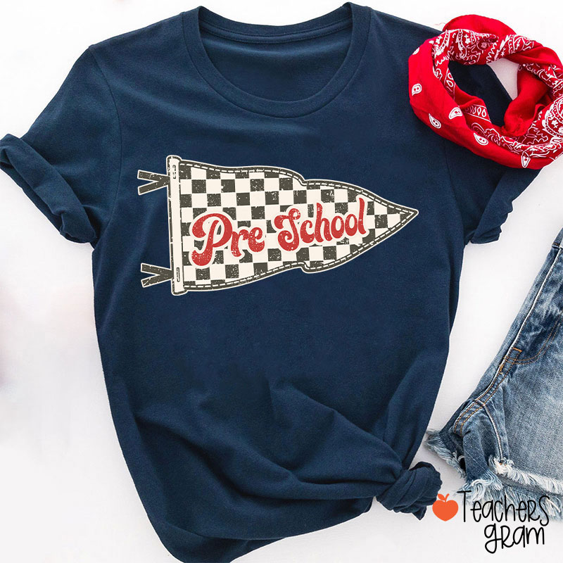 Personalized Grade Checkered Pennant Flag Vintage Retro Preschool Teacher T-Shirt