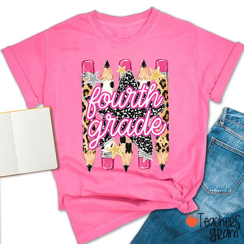 Personalized Grade Name Leopard Star Pencil Teacher T-Shirt