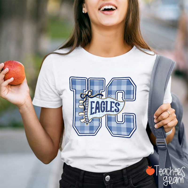 Personalized Mascot Gingham Varsity Letter Bow Teacher T-Shirt