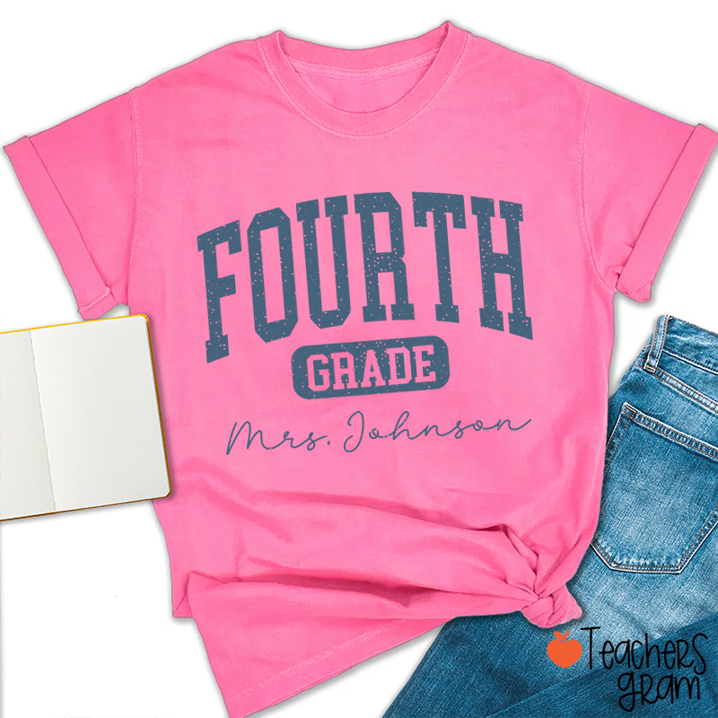 Personalized Name And Grade Vintage Distressed Varsity Letter Teacher T-Shirt