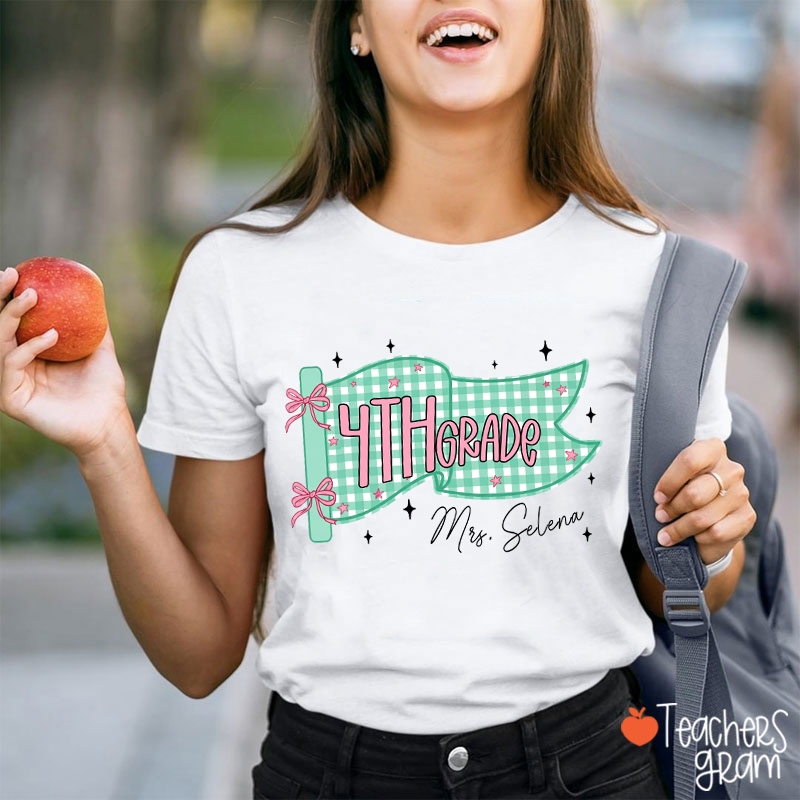 Personalized Name And Grade Gingham Pennant Bow Star Teacher T-Shirt