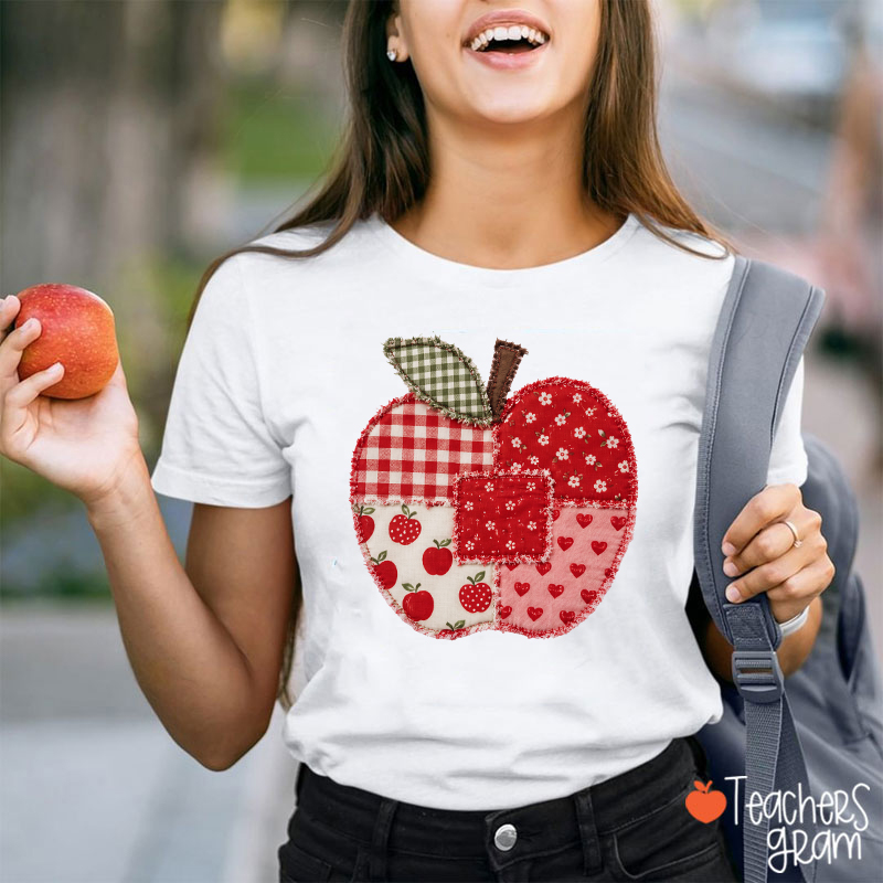 Vintage Patchwork Apple Gingham Floral Heart Teacher Graphic Teacher T-Shirt