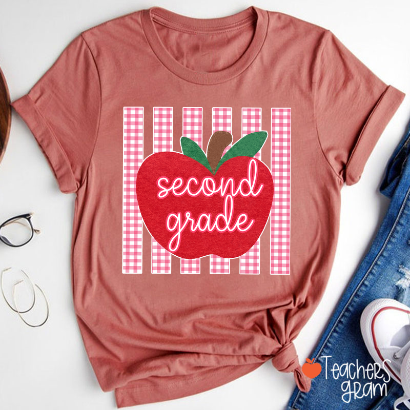 Personalized Grade Gingham Apple Teacher T-Shirt