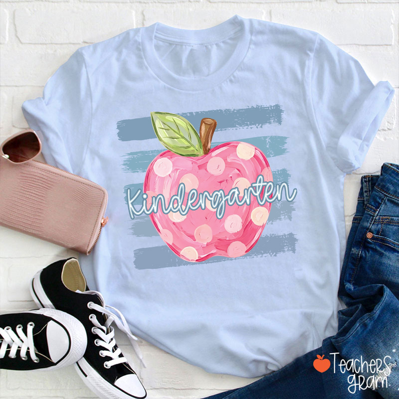 Personalized Grade Pink Polka Dot Apple Blue Brush Stripe Teacher T-Shirt