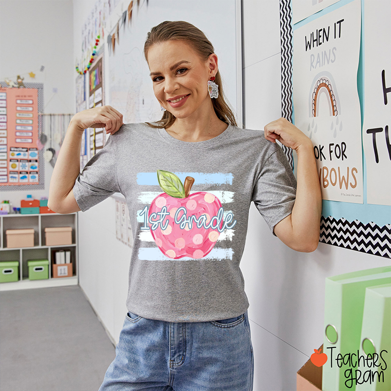 Personalized Grade Pink Polka Dot Apple Blue Brush Stripe Teacher T-Shirt