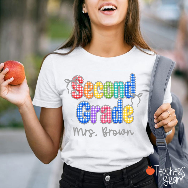 Personalized Grade Name Rainbow Gingham Teacher T-Shirt