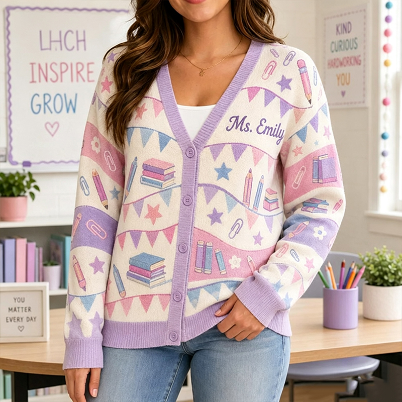 Personalized Name Book Pencil Bunting Floral Graphic Teacher Ugly Cardigan Sweaters
