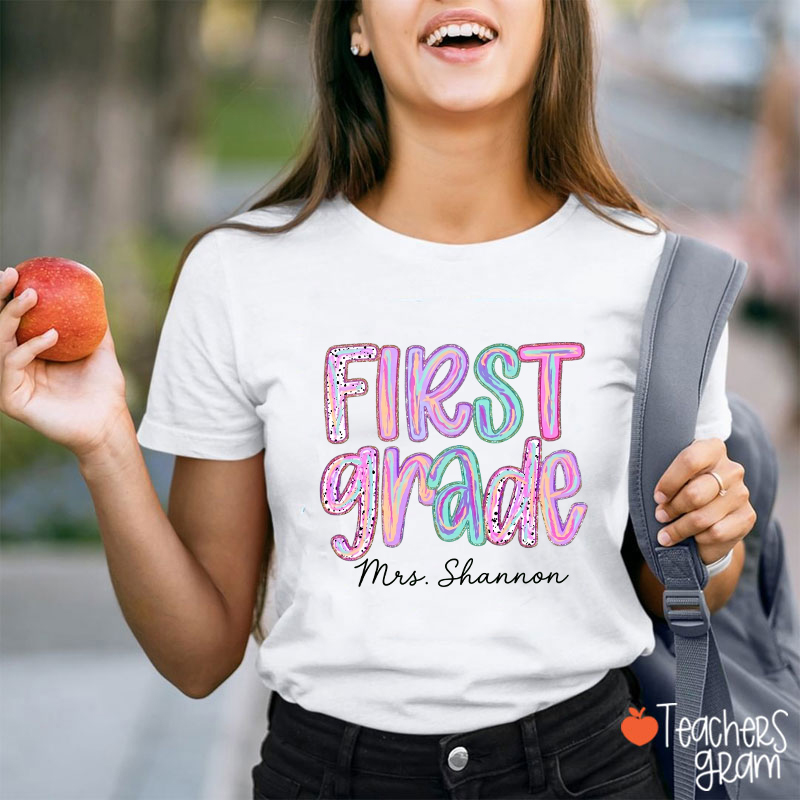 Personalized Grade Rainbow Doodle Name Teacher T-Shirt