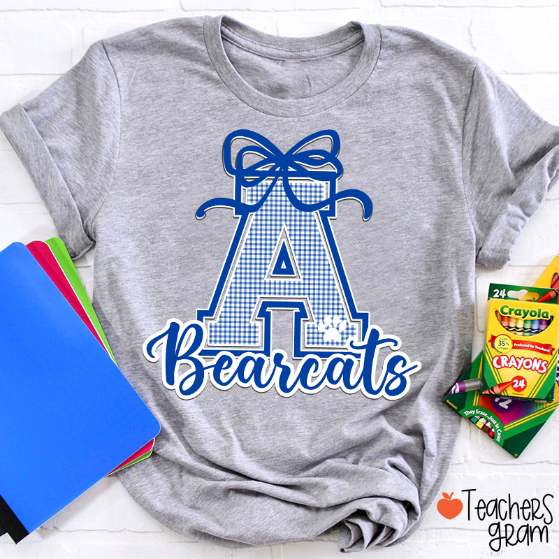 Personalized Mascot Gingham Varsity Coquette Bow Teacher T-Shirt
