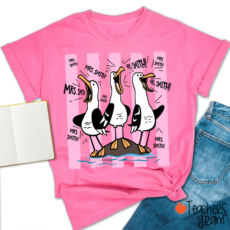 Personalized Pink Stripes Seagull Meme Teacher T-Shirt